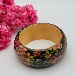 Vintage Retro Multicolor Floral Chunky Lucite Bangle Bracelet 8"  36 mm Wide
